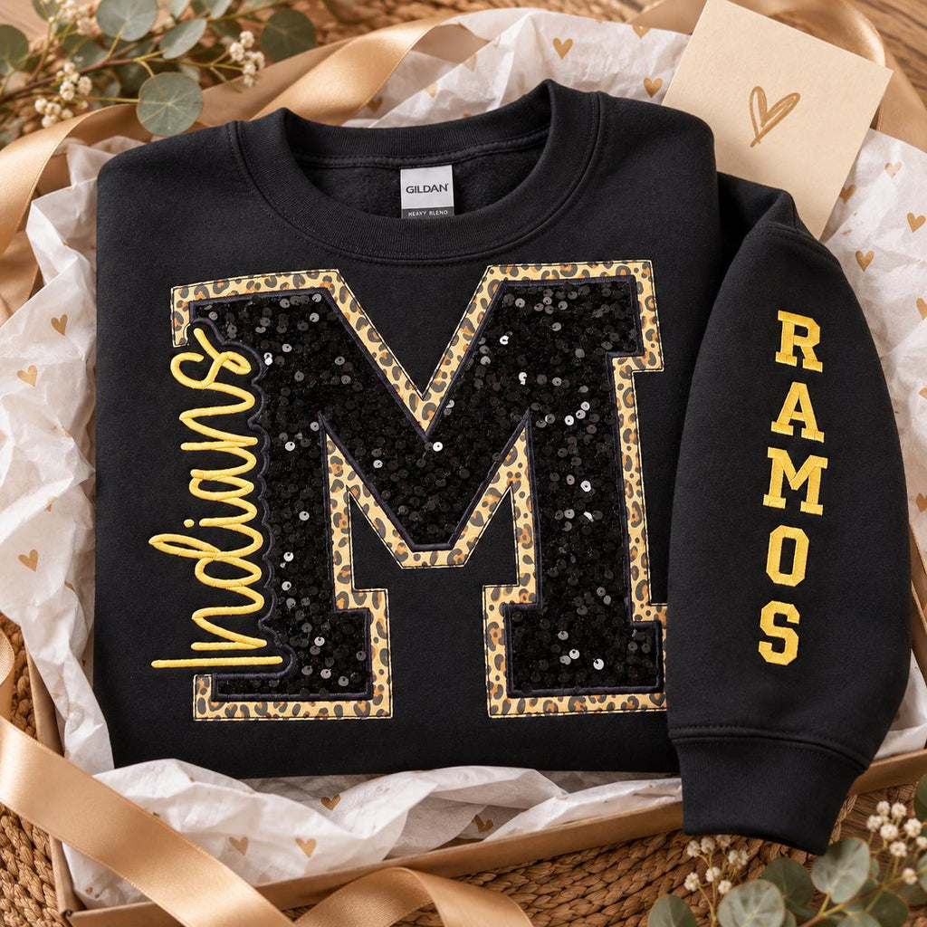 Custom School Spirit Sequin Sweatshirt , Personalized Varsity Letter Crewneck , School Colors , Embroidered Name & Sleeve