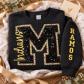 Custom School Spirit Sequin Sweatshirt , Personalized Varsity Letter Crewneck , School Colors , Embroidered Name & Sleeve
