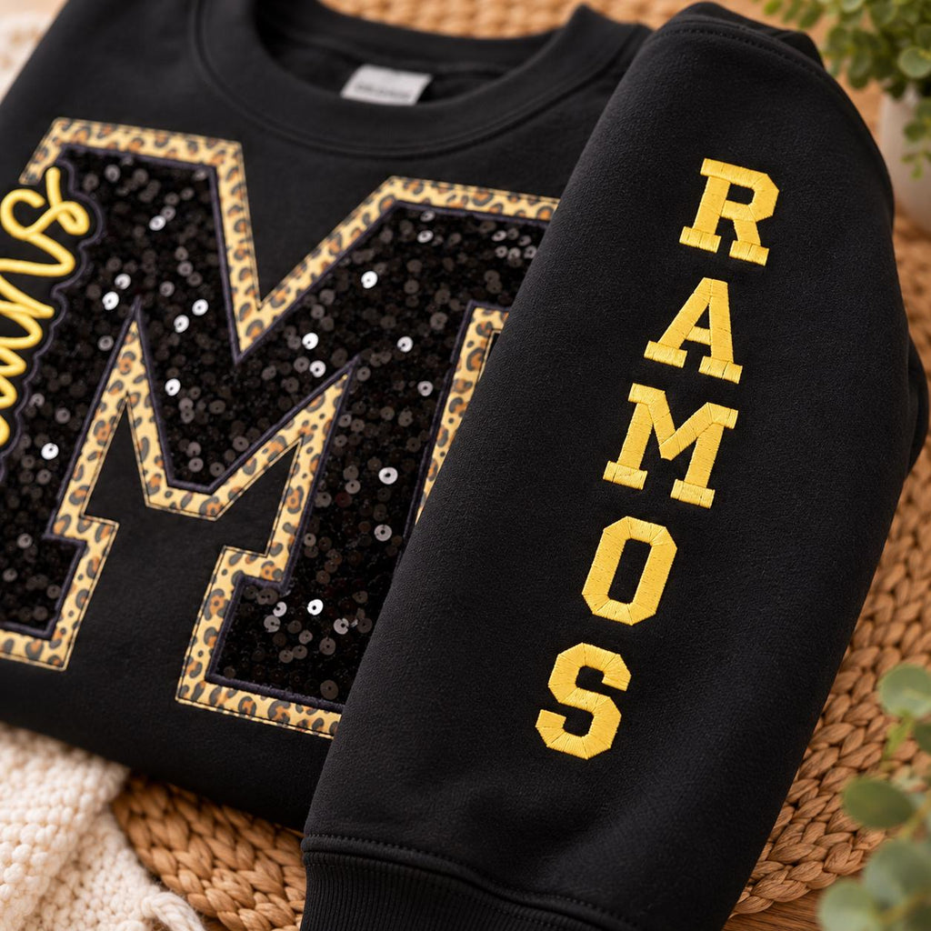 Custom School Spirit Sequin Sweatshirt , Personalized Varsity Letter Crewneck , School Colors , Embroidered Name & Sleeve