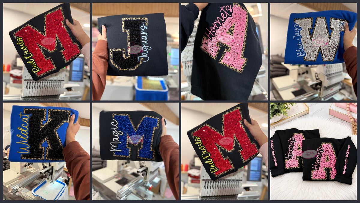 Custom School Spirit Sequin Sweatshirt , Personalized Varsity Letter Crewneck , School Colors , Embroidered Name & Sleeve