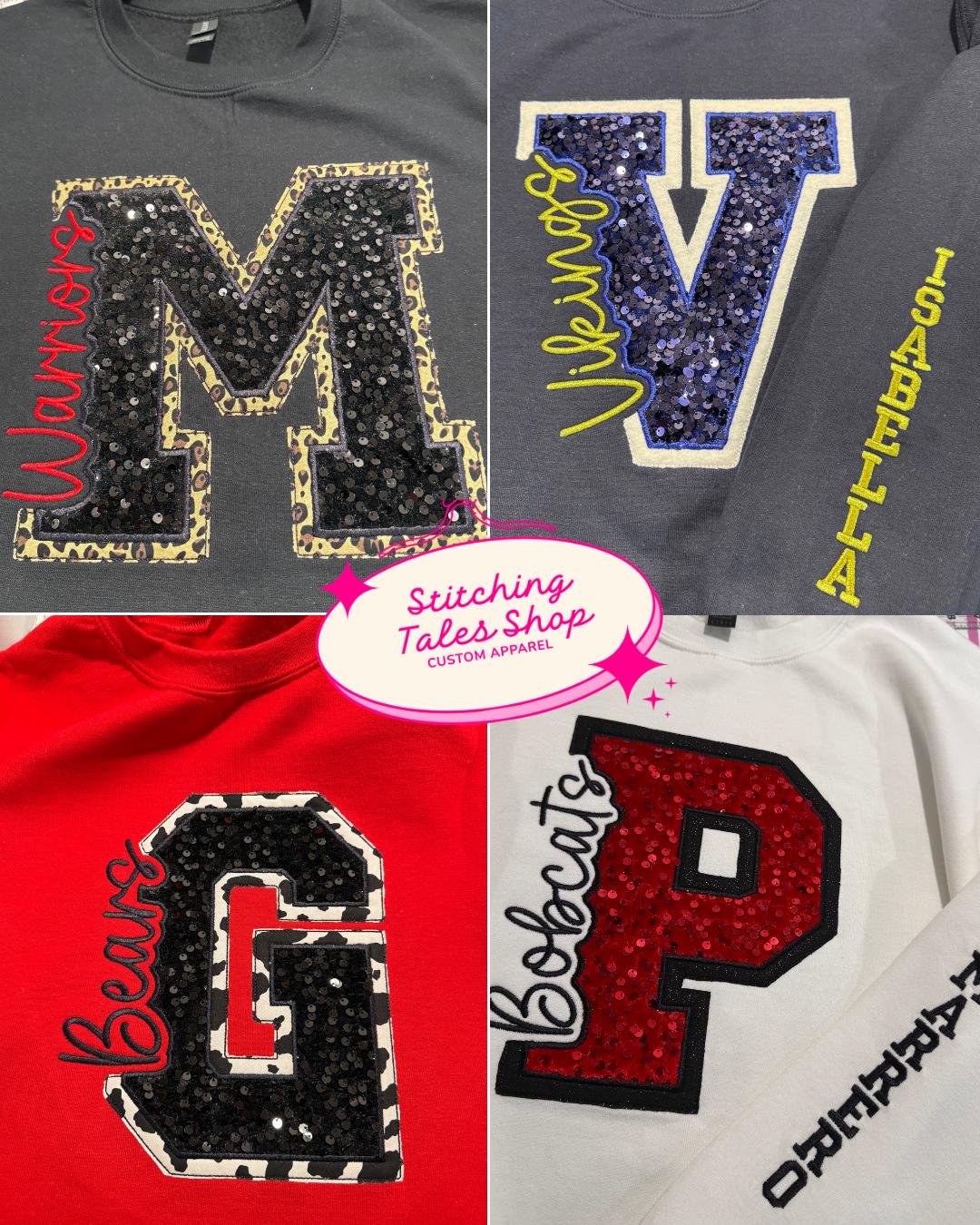 Custom School Spirit Sequin Sweatshirt , Personalized Varsity Letter Crewneck , School Colors , Embroidered Name & Sleeve